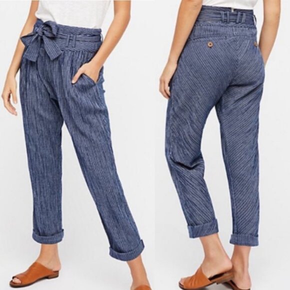 FREE People Paperbag Waist Pants Rumors Yarn Dye Blue Harem Size XS Bohemian - Picture 3 of 13
